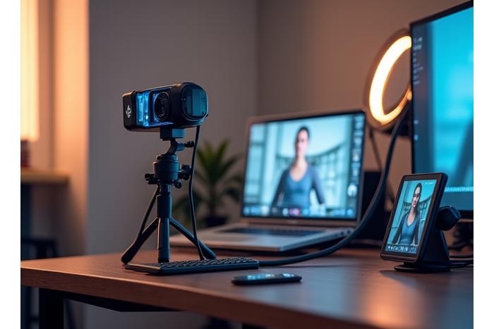 Compact, professional live-streaming setup for an apartment gym with a clear monitor and microphone.